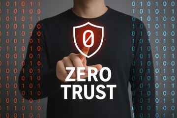 Zero trust security concept. Identity and device verification. Person touching zero trust icon for business information security network.