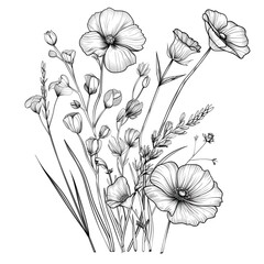 Delicate wildflowers and leaves arranged in natural composition with intricate details and textures