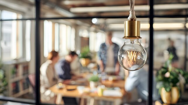 Glowing vintage Edison style light bulb illuminating modern workspace with collaborative atmosphere