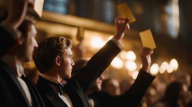 Elegant auction room illuminated by soft golden lighting where bidders raise numbered paddles, their faces tense with anticipation &mdash; concept of luxury auction atmosphere, cinematic storytelling in