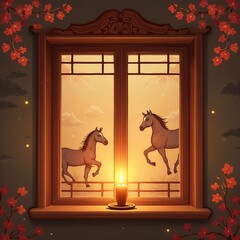 A window with a lit candle on the windowsill, on the glass of the window depict images of a horse symbolizing the Year of the Horse
