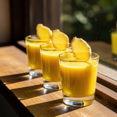 Three glasses of golden turmeric ginger drink with ginger slices on a wooden surface.