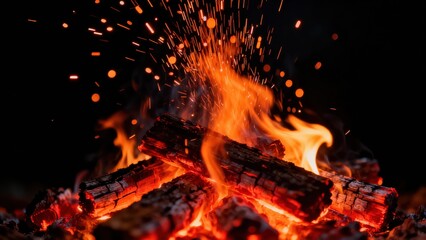 Bright orange flames and glowing embers rise from burning logs creating sparks against a dark background