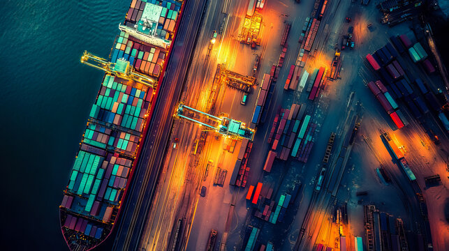 Aerial view of container ship at port terminal during dusk with vibrant colors