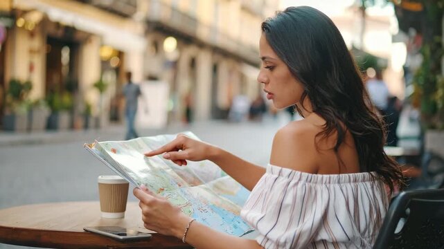 Female tourist reading a map while sitting with coffee at an outdoor European street caf&eacute;.