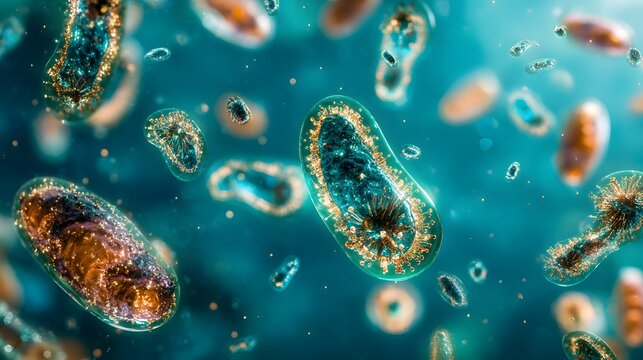 A microscopic view of cells and microorganisms floating in a teal and blue liquid environment