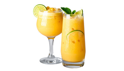 Pair of tropical Piña Colada drinks with garnish isolated on transparent background