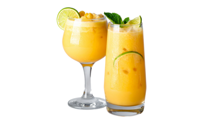 Pair of tropical Piña Colada drinks with garnish isolated on transparent background