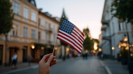 Hand holding a small USA flag while standing on a quiet morning street with soft sunrise light illuminating the surroundings — concept of patriotism, national pride, morning serenity, and lifestyle