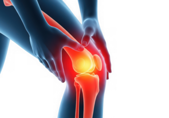 Closeup of a person holding their painful knee glowing red inflammation, isolated on transparent background