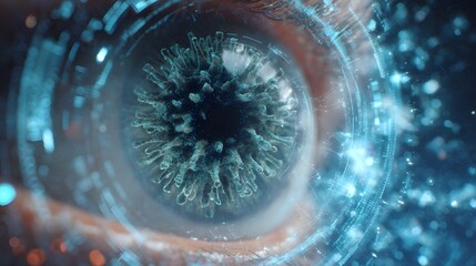 A close up of an eye with a virus or bacteria image overlayed with digital blue glowing effects