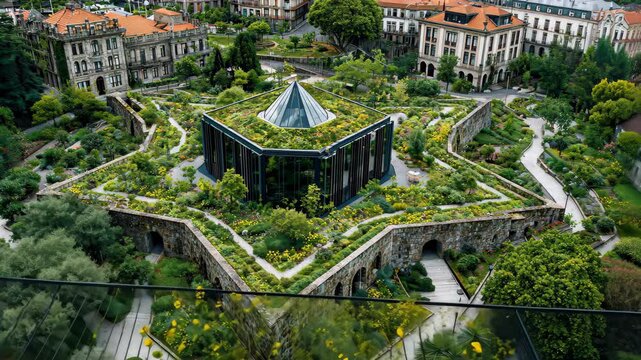 Exploring a modern architectural marvel surrounded by lush gardens and rich greenery in a serene location