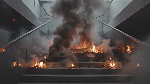 Dramatic explosion erupting into flames on the steps of a modern concrete staircase, generating thick clouds of dark smoke and bright sparks that fill the minimalist architectural space
