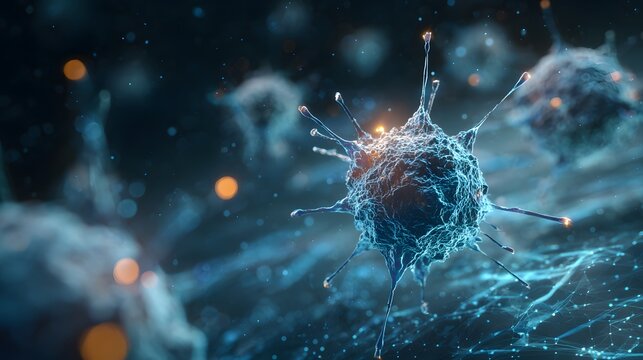 Close up of a virus cell with spikes and glowing particles in a dark blue and light blue background