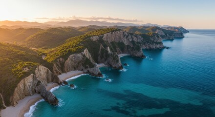 Dramatic aerial view captures rugged coastline meeting turquoise ocean waters during golden hour