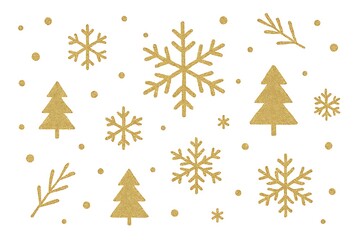 Golden christmas tree and snowflake pattern with glitter accents