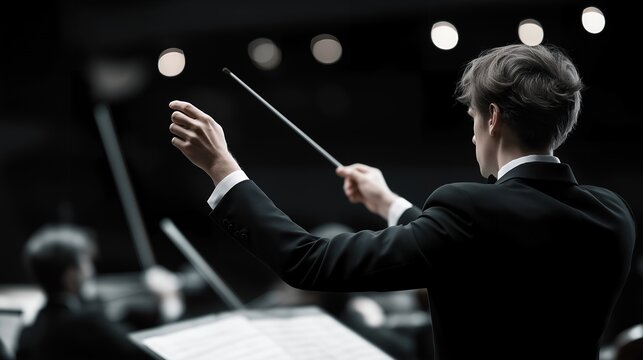 Wide-angle view of human conductor gesturing toward AI-generated holographic instruments while orchestra responds &mdash; representing cutting-edge music production, technology-enhanced creativity, and