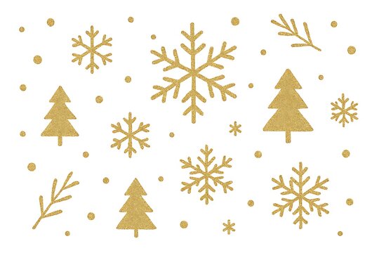 Golden christmas tree and snowflake pattern with glitter accents