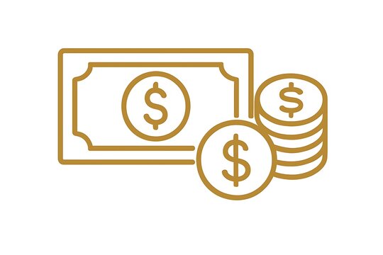 Golden outline of dollar bill and stack of coins