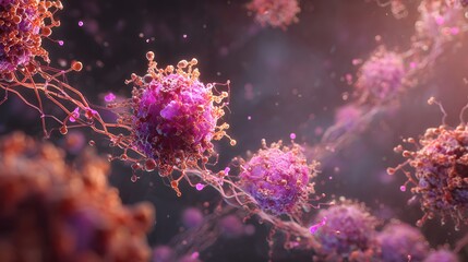 Microscopic view of pink cells with filaments and small particles on a dark blurred background