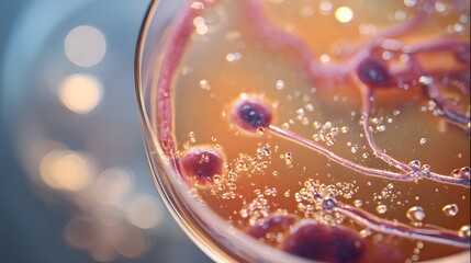 Close up of cells in a petri dish with liquid and bubbles for scientific research and study of life