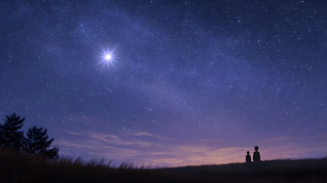 Two silhouetted figures gaze at a bright star in the twilight sky from a grassy hill - Powered by Adobe
