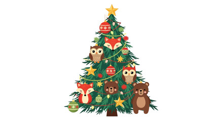 Adorable woodland creatures adorn a festive Christmas tree with charming ornaments and twinkling lights, bringing holiday cheer and whimsical design to any festive project.