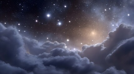 A majestic night sky filled with twinkling stars and dramatic clouds illuminated by a warm celestial glow