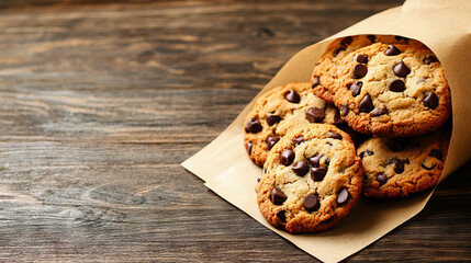 Delicious Chocolate Chip Cookies in Brown Paper Bag on Rustic Wooden Surface with copy space for National Cookie Day, Chocolate Chip Cookie Week, Cookie Exchange Day, Homemade Cookies Day