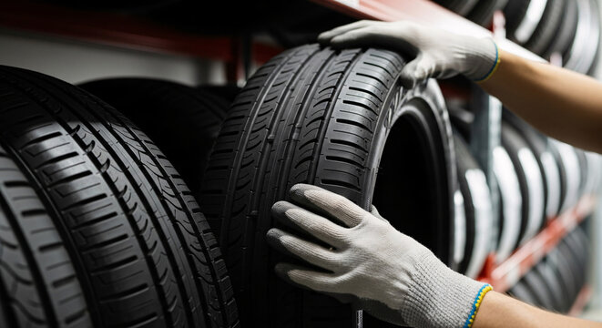 Automotive professional examining vehicle tires for maintenance