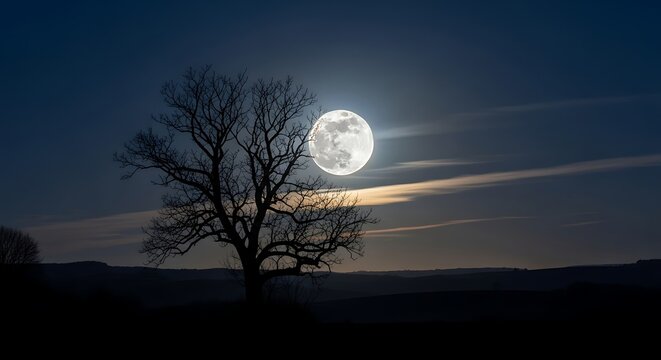 Full moon rising over a silhouetted bare tree in a clear night