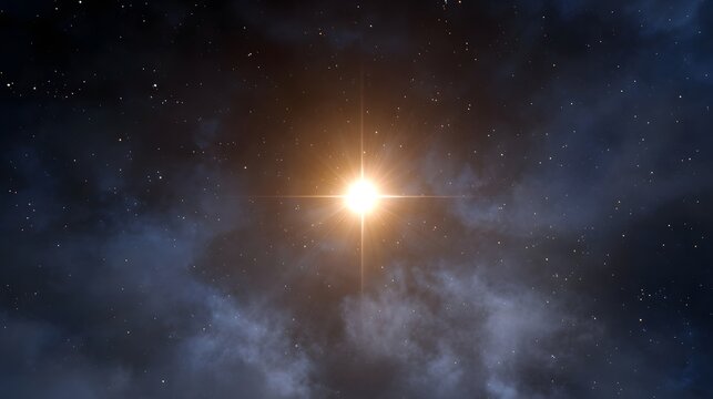 A brilliant star radiates light illuminating swirling cosmic dust and distant stars within the vast universe