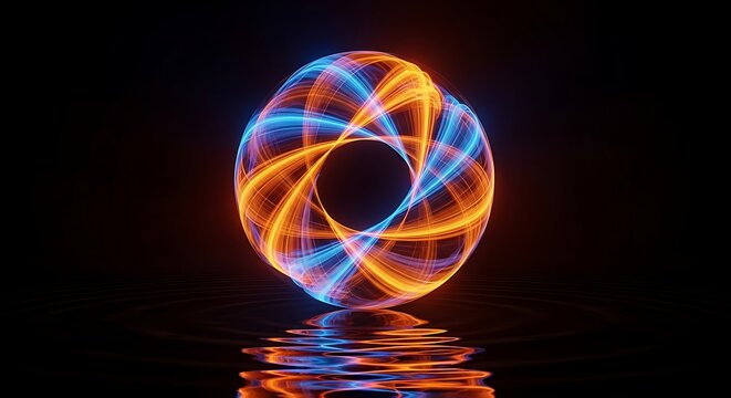 Abstract glowing sphere with intertwined blue and orange light