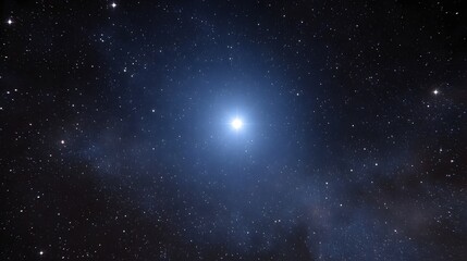 Fototapeta premium A brilliant blue star shines intensely in the vast dark expanse of the cosmos surrounded by distant galaxies and cosmic dust