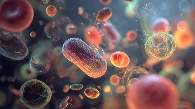 A microscopic view of cells and bacteria floating in a fluid environment with a dark background