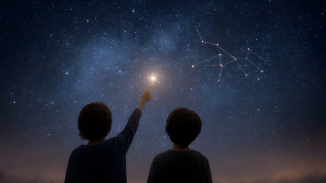 Two children gaze in wonder at a bright star and constellation in the vast night sky