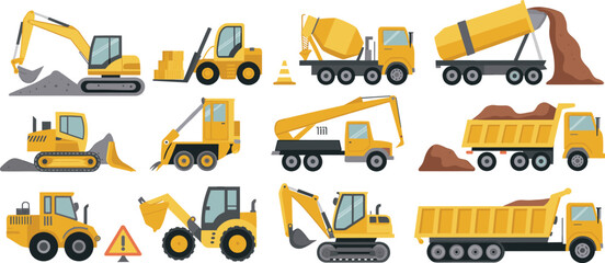 Construction vehicles, excavator, bulldozer, dump truck, cement mixer, forklift, road roller, crane, loader, cartoon style, children, illustration, yellow, industrial, machinery, equipment, site, © Hey there
