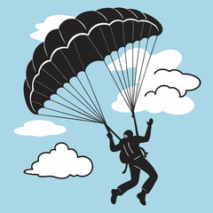 Black Silhouette of Skydiver Under Open Parachute with Clouds skydiving extreme sport