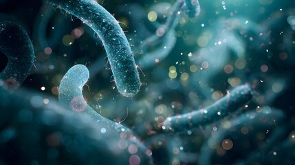 A microscopic view of bacteria cells with blurred lights and small particles surrounding them