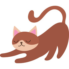 Brown cartoon cat with closed eyes stretching its body and tail upwards on a transparent background, a playful and relaxed feline illustration.