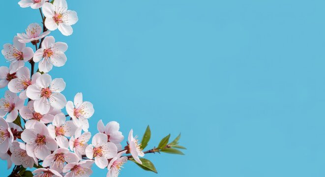 A beautiful bright blue background design with a delightful white and pink floral frame, ideal for invitations or spring projects ,fresh, cheerful, soft