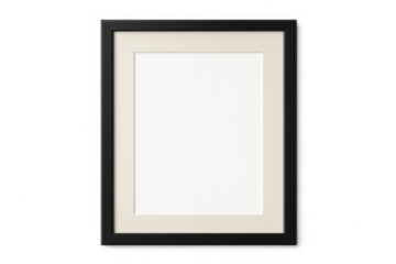Vertical black picture frame with mat and empty white sheet for presentation on transparent background