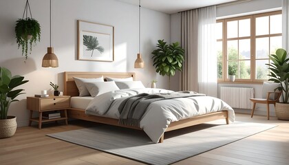 Serene Bedroom Interior with Natural Light and Greenery.