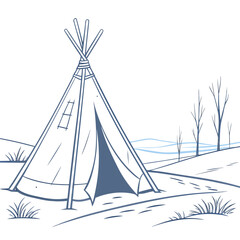 Outline Drawing of a Wigwam Tent in a Winter Landscape teepee shelter