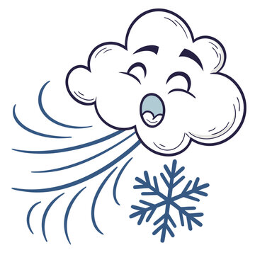 Happy cartoon cloud blowing a snowflake with wind vector illustration