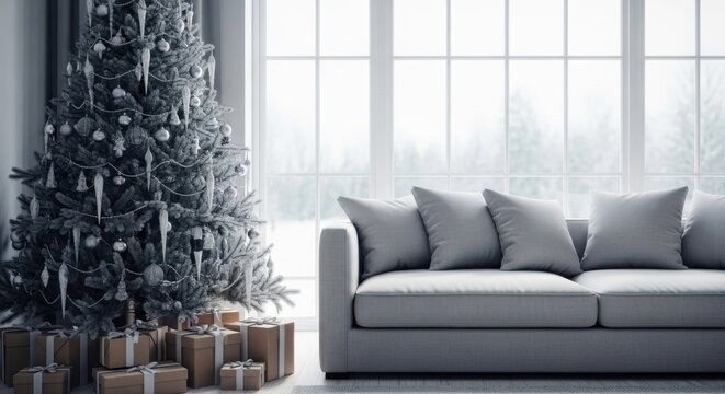 Cozy christmas living room with decorated tree and gifts by window