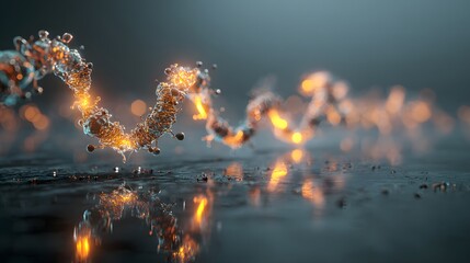 Illuminated dna strand with orange glow on a reflective surface in a dark environment with bokeh lights