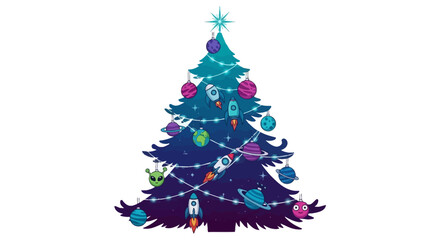 Whimsical space-themed Christmas tree sparkles with rockets, planets, and playful aliens, offering a unique holiday celebration idea
