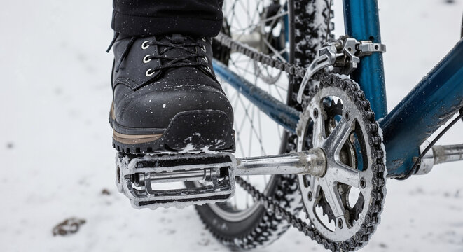 A closeup of a winter boot on a pedal with an Icy bicycle chain in the background, a photo for blogs about cold weather cycling gear.