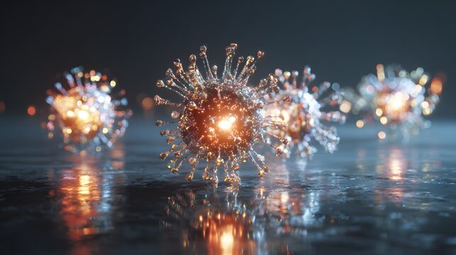 Close up of several virus structures with spikes on a reflective surface and a dark background